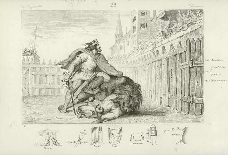 Pepin the Short dreper en løve og en okse av French School