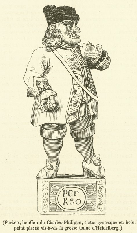 Perkeo, narr av Charles-Philippe, grotesk statue i malt tre plassert overfor det store tonnet Heidelberg (gravering) av French School