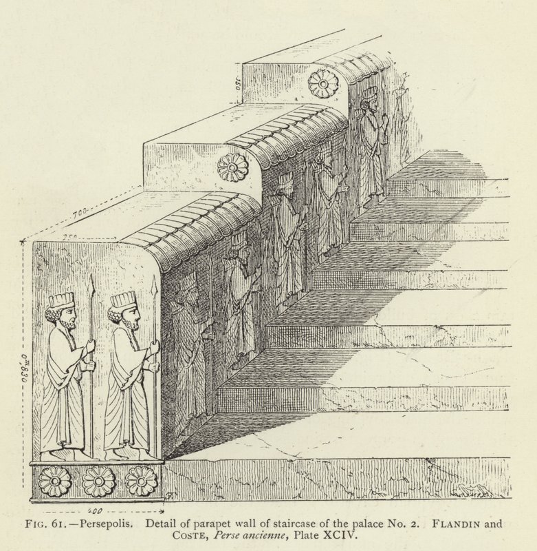 Persepolis, Detalj av brystningsveggen til trappen til palasset nr. 2 (gravering) av French School