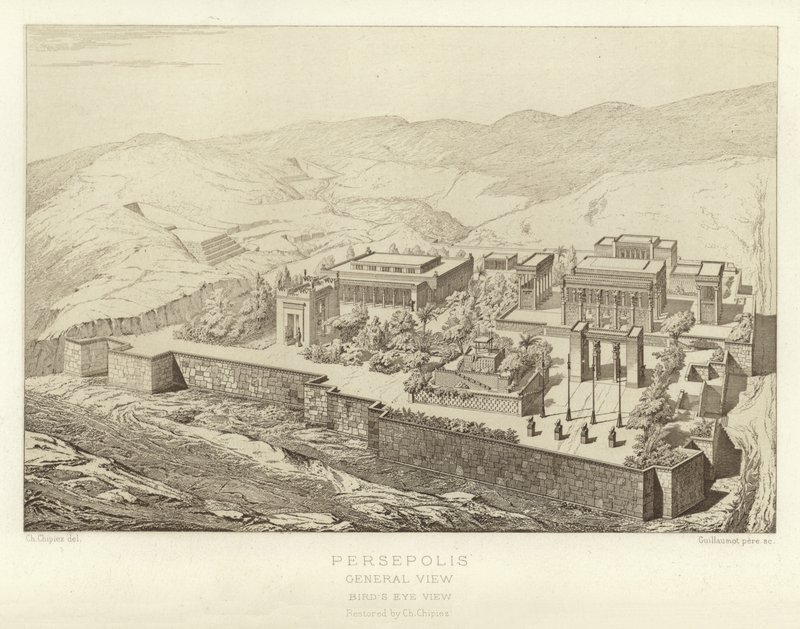 Persepolis, generell visning, fugleperspektiv, restaurert av Ch Chipiez av French School