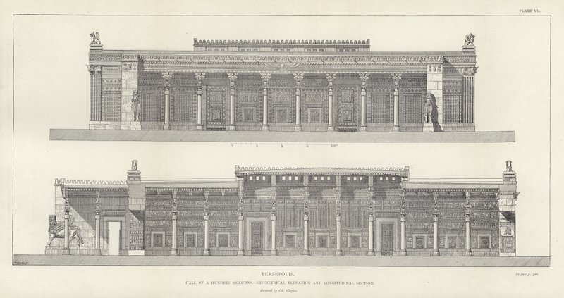 Persepolis, Hall of a Hundred Columns, geometrisk høyde og lengdesnitt, restaurert av Ch Chipiez av French School