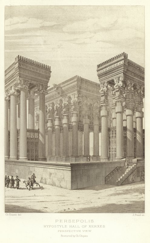 Persepolis, Hypostyle Hall of Xerxes, Perspektivutsikt, restaurert av Ch Chipiez av French School