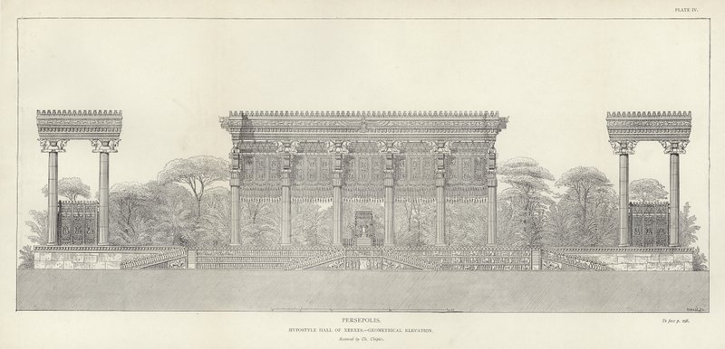 Persepolis, Hypostyle Hall of Xerxes, geometrisk høyde, restaurert av Ch Chipiez av French School
