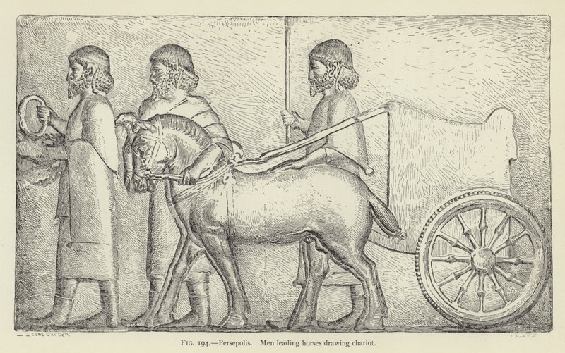 Persepolis, menn som leder hester og trekker vogn av French School