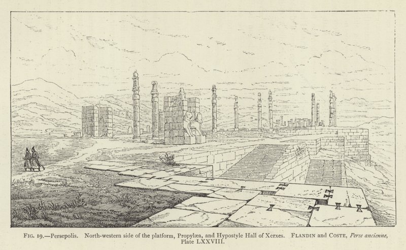 Persepolis, den nordvestlige siden av plattformen, Propylaea og Hypostyle Hall of Xerxes av French School