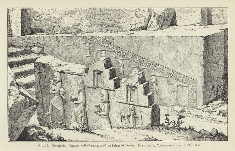 Persepolis, brystningsvegg av trappen til Darius-palasset av French School
