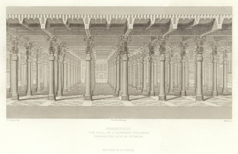 Persepolis, Hall of a Hundred Columns, Perspektivutsikt over interiøret, restaurert av Ch Chipiez av French School