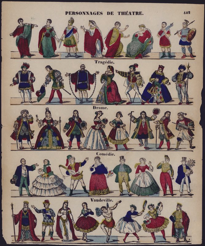 Personnages de theater (farget gravering) av French School