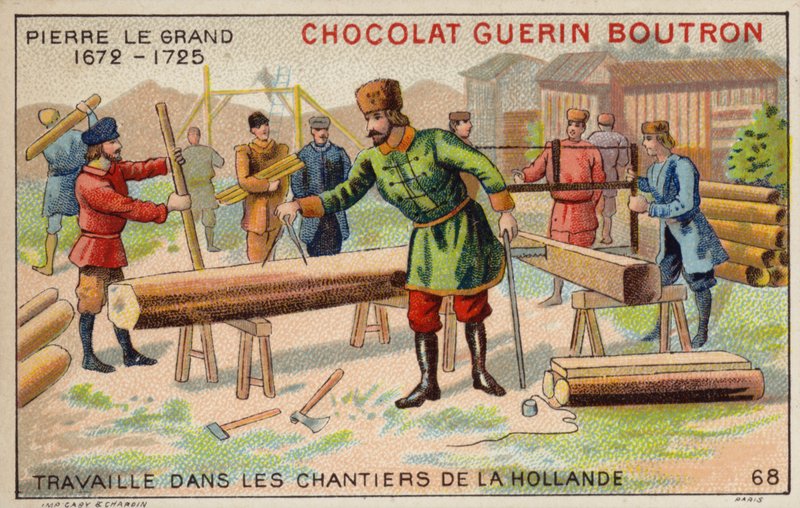 Peter den store jobber i verftene i Nederland (chromolitho) av French School