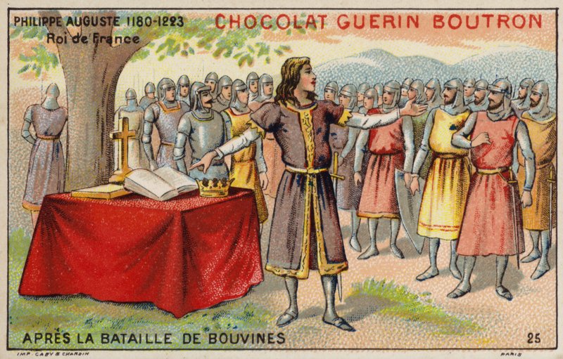 Philip Augustus, konge av Frankrike, etter slaget ved Bouvines (chromolitho) av French School