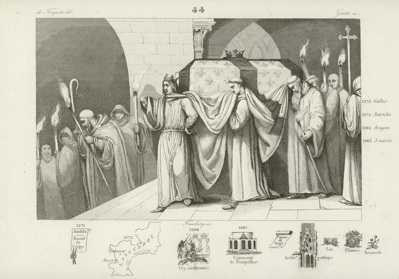 Filip III av Frankrike hjelper til med å bære kisten til sin far, Ludvig IX av French School