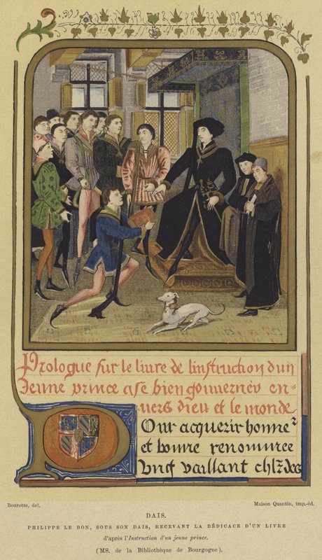 Filip den gode, hertugen av Burgund, sittende på en tribune og mottar en bok, 1400-tallet av French School