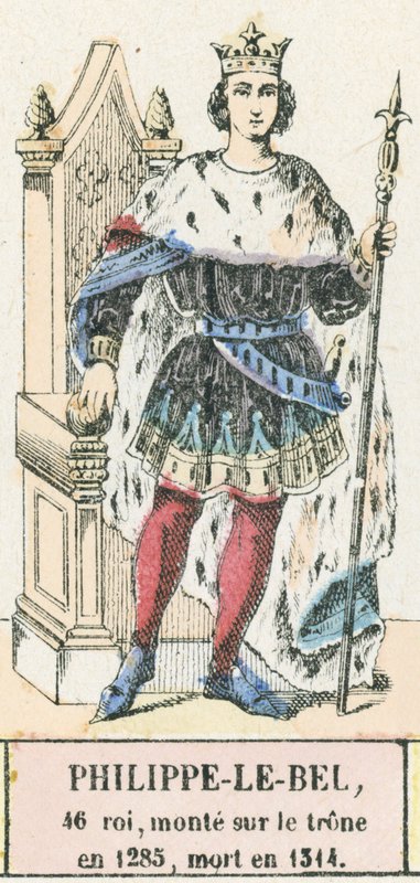 Philippe-le-Bel, 46. konge, besteg tronen i 1285, døde i 1314 (farget gravering) av French School