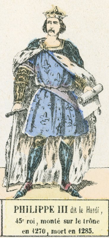 Philippe III dit le Bold, 45. konge, besteg tronen i 1270, døde i 1285 (farget gravering) av French School