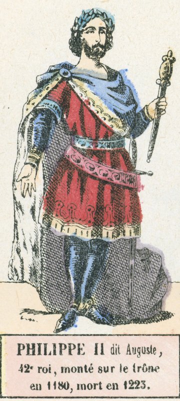 Philippe II dit Auguste, 42. konge, besteg tronen i 1180, døde i 1223 (farget gravering) av French School