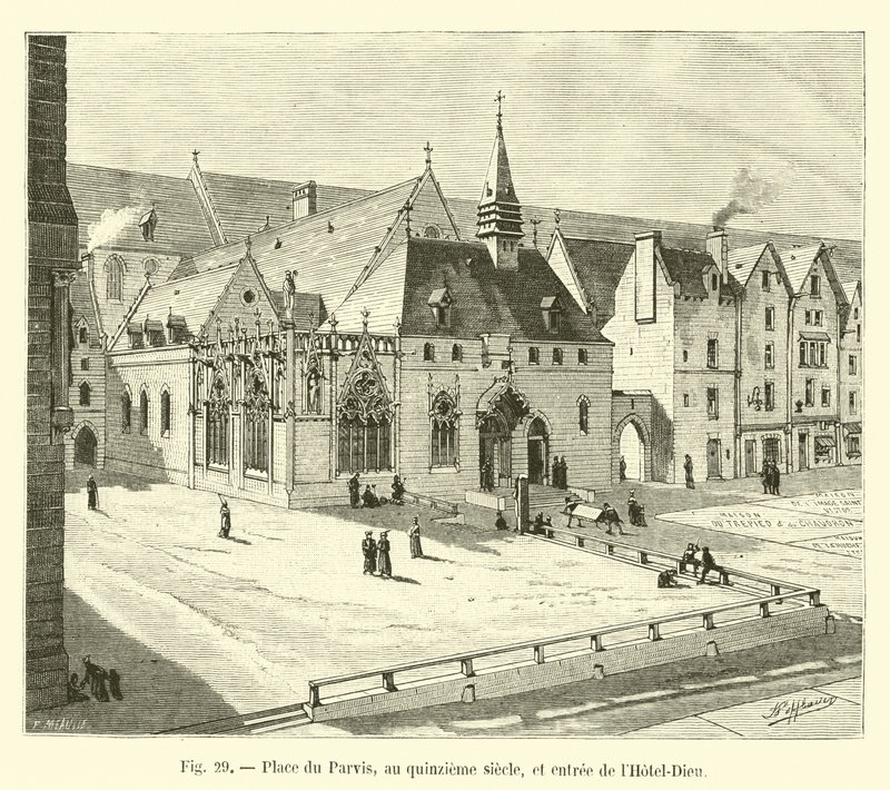 Place du Parvis, på det femtende århundre, og inngangen til Hôtel-Dieu av French School