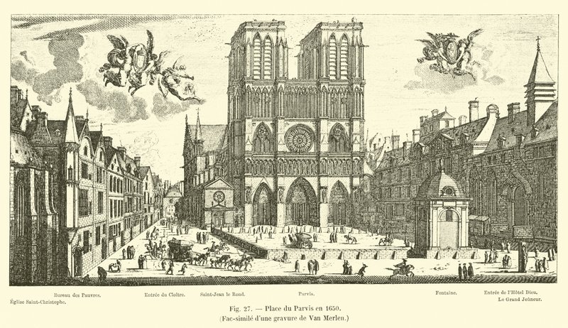 Place du Parvis i 1650, faksimile av en gravering av Van Merlen av French School