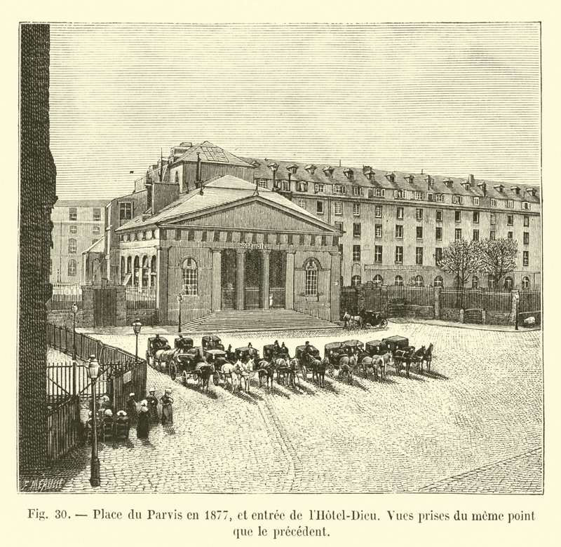 Place du Parvis i 1877, og inngangen til Hôtel-Dieu, utsikt tatt fra samme punkt som den forrige av French School