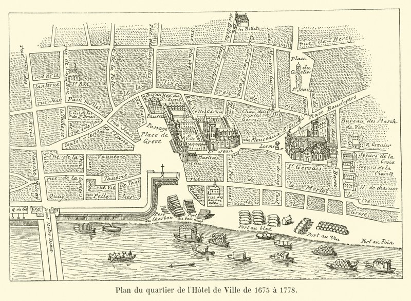 Plan over Hotel de Ville-distriktet fra 1675 til 1778 av French School