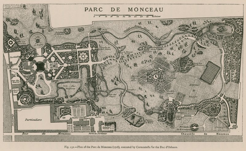 Plan av Parc de Monceau (1718), utført av Carmontelle for Due dOrleans av French School