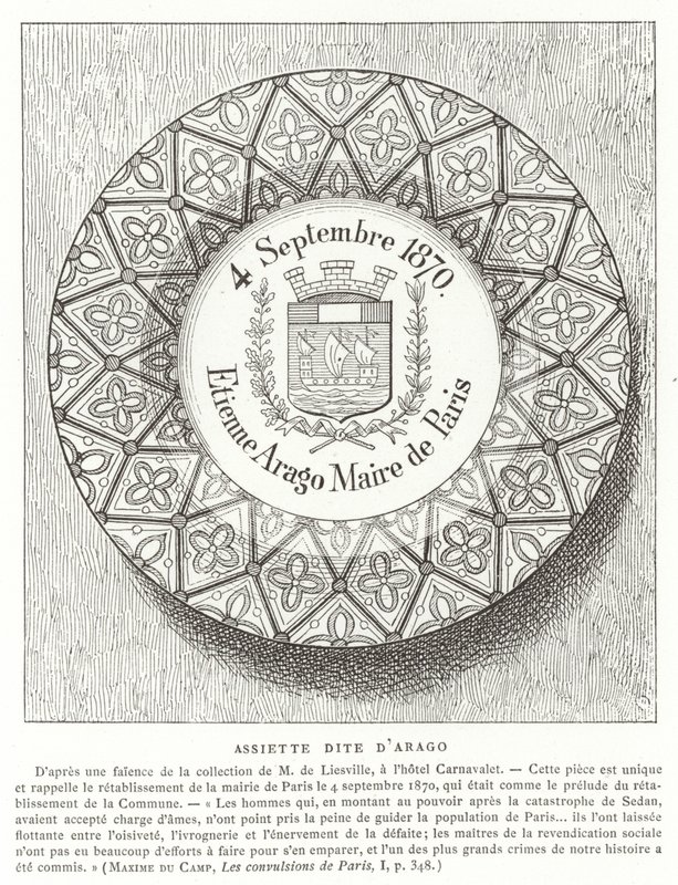Tallerken med navnet Etienne Arago, borgermester i Paris under den fransk-prøyssiske krigen, 1870 av French School
