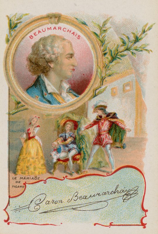 Dramatiker Pierre-Augustin Caron de Beaumarchais med en scene fra Figaros bryllup av French School