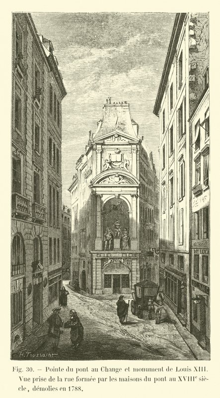 Point of the Pont au Change og monumentet til Louis XIII, utsikt tatt fra gaten dannet av husene til broen på 1700-tallet, revet i 1788 av French School