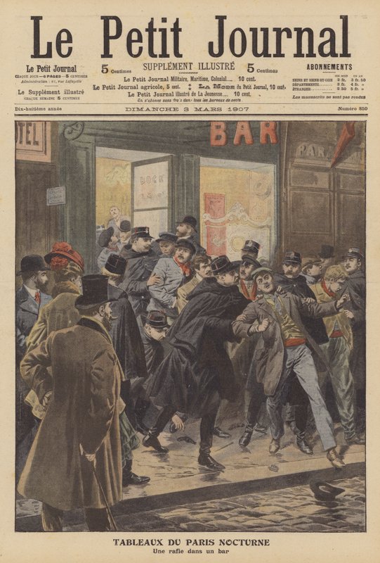 Politirazzia på en bar i Paris om natten (farge litho) av French School