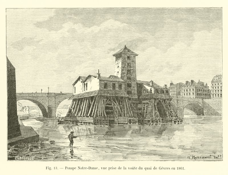 Notre-Dame pumpe, utsikt tatt fra hvelvet til Quai de Gevres i 1861 av French School