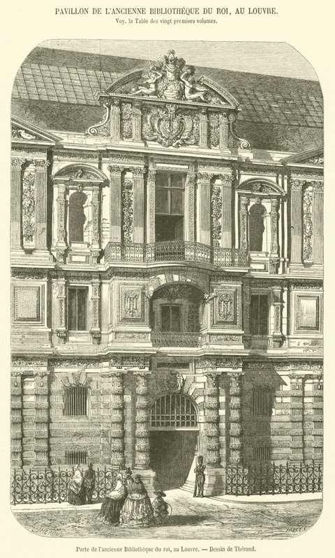 Dør til det tidligere kongens bibliotek, ved Louvre (gravering) av French School
