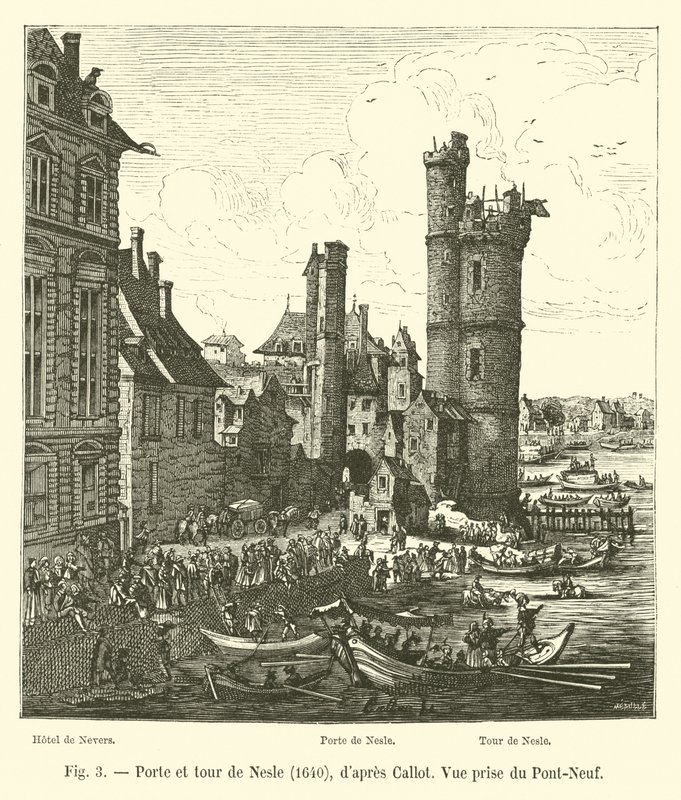 Port og tårn til Nesle, 1640, etter Callot, Utsikt tatt fra Pont-Neuf av French School
