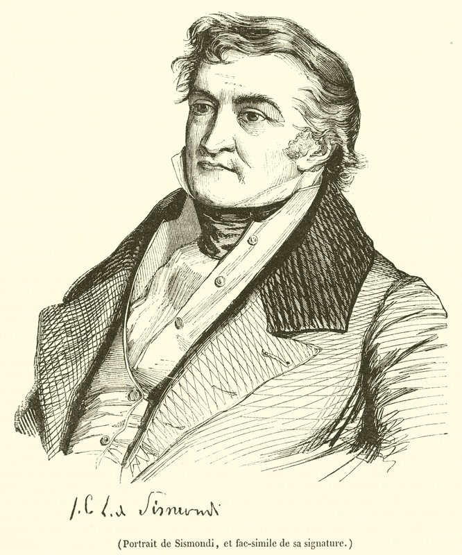 Portrett av Sismondi, og faksimile av signaturen hans (gravering) av French School