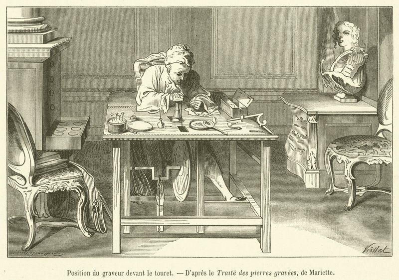Plassering av graveren foran spolen (gravering) av French School