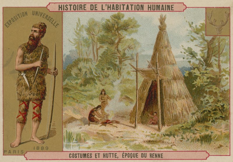 Forhistorisk drakt og hytte av French School