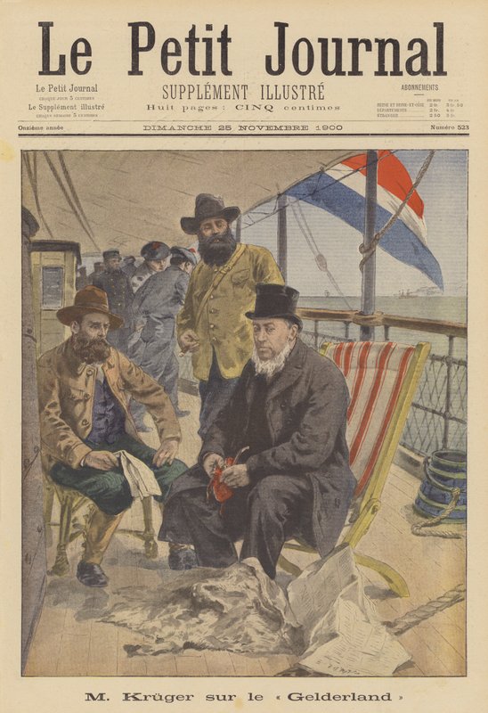 President Kruger av Transvaal seiler i eksil om bord på det nederlandske skipet Gelderland (farge litho) av French School