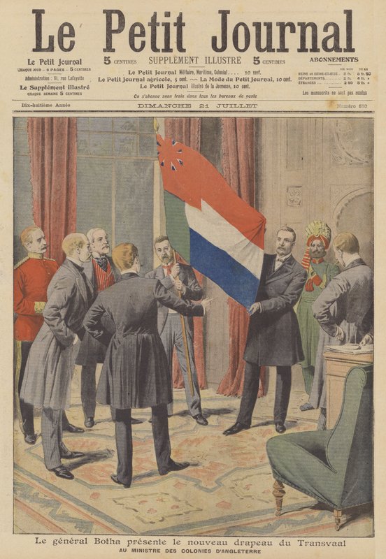 Statsminister Louis Botha presenterer det nye flagget til kolonien Transvaal til British Colonial ... (farge litho) av French School