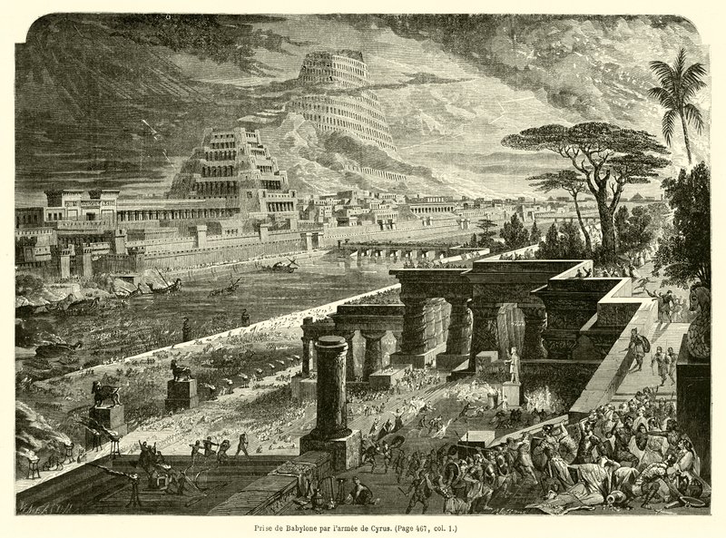 Erobring av Babylon av Kyros hær (gravering) av French School