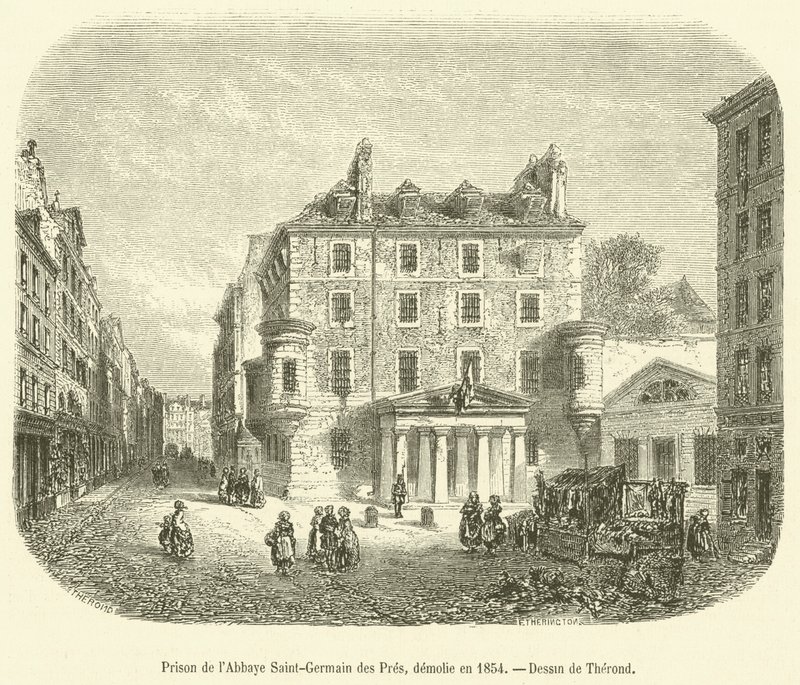 Fengsel i Saint-Germain des Pres Abbey, revet i 1854 (gravering) av French School