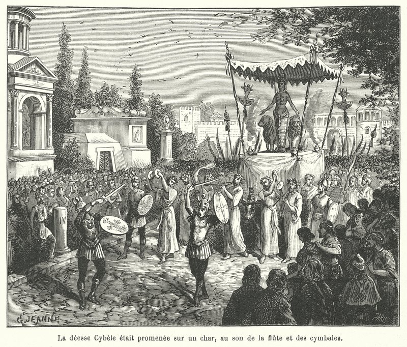Prosesjon av vognen til den romerske gudinnen Cybele, innledet av pipere og cymbalspillere (gravering) av French School