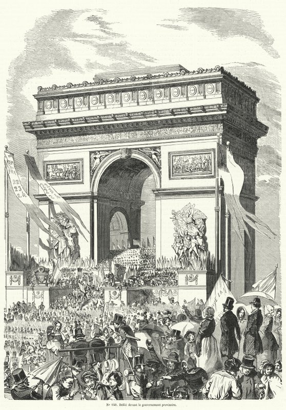 Prosesjon som passerer foran den franske provisoriske regjeringen ved Triumfbuen, Paris av French School