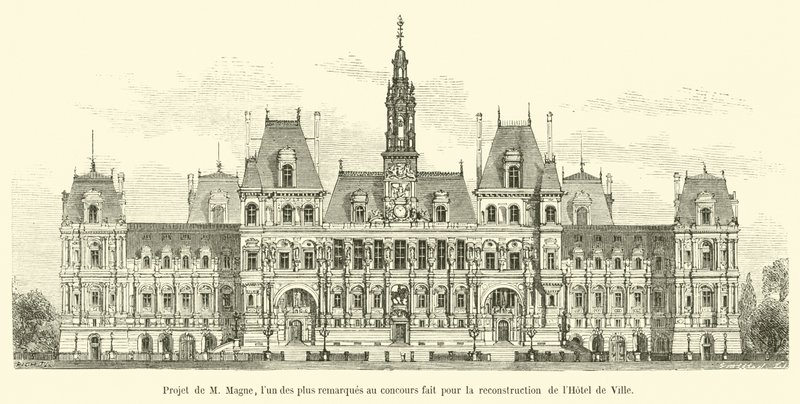 Prosjekt av M Magne, en av de mest bemerkede i konkurransen laget for gjenoppbyggingen av Hotel de Ville av French School