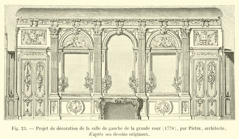 Prosjekt for utsmykning av venstre rom i den store gårdsplassen, 1778, av Pietre, arkitekt, fra hans originale tegninger av French School