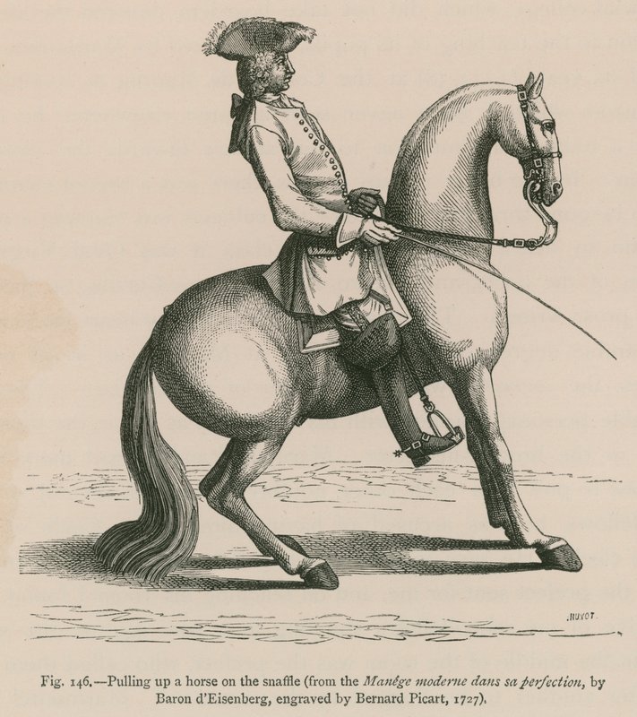 Å trekke opp en hest på Snaffle (fra Manege moderne dans sa perfection, av Baron dEisenberg, gravert av Bernard Picart, 1727) av French School
