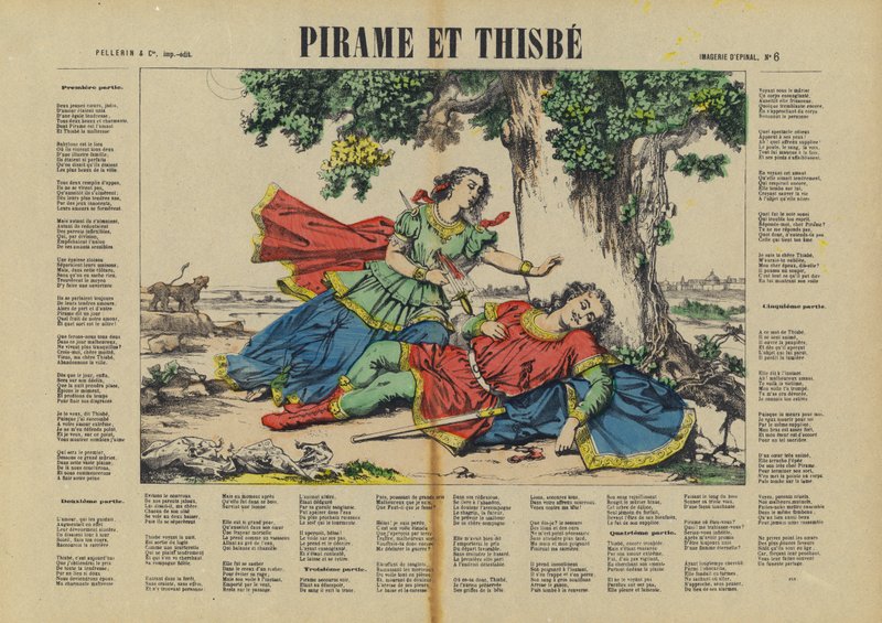 Pyramus og Thisbe (fargelitografi) av French School