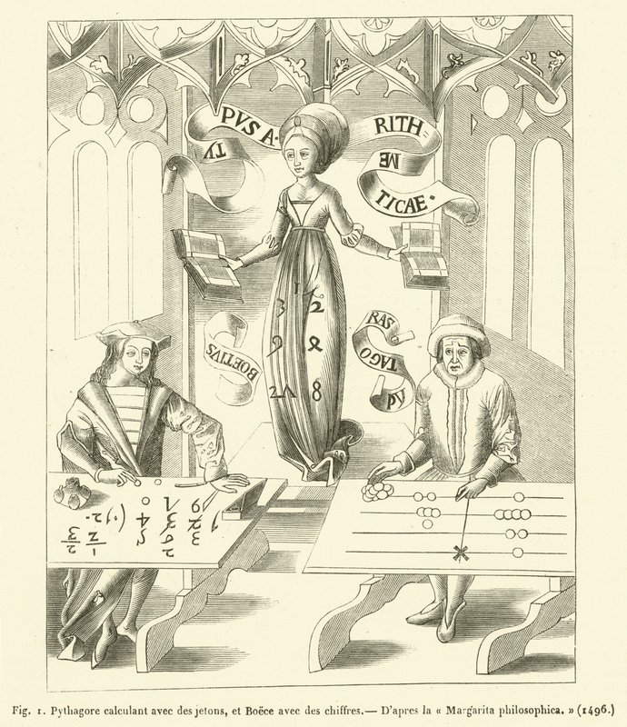 Pythagoras regner med tokens, og Boece med tall (gravering) av French School