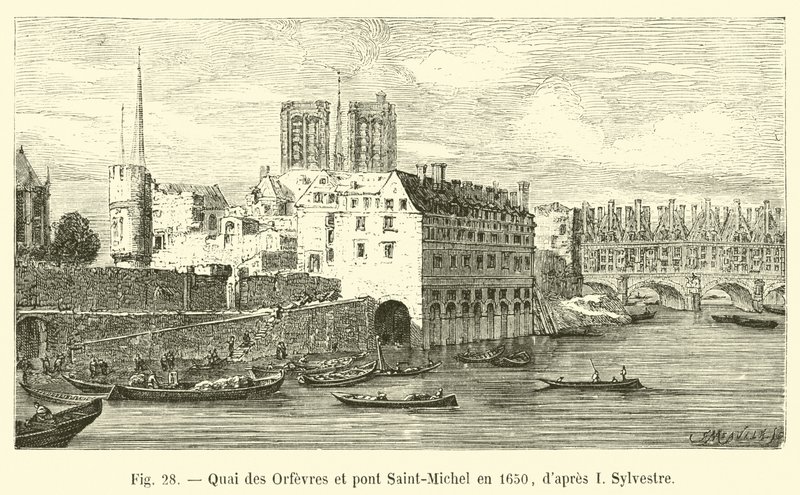 Quai des Orfevres og Pont Saint-Michel i 1650, etter I Sylvestre av French School