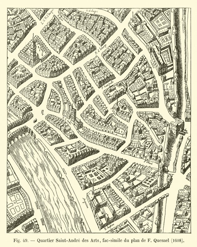 Saint-Andre des Arts-distriktet, faksimile av F Quesnels plan, 1608 av French School