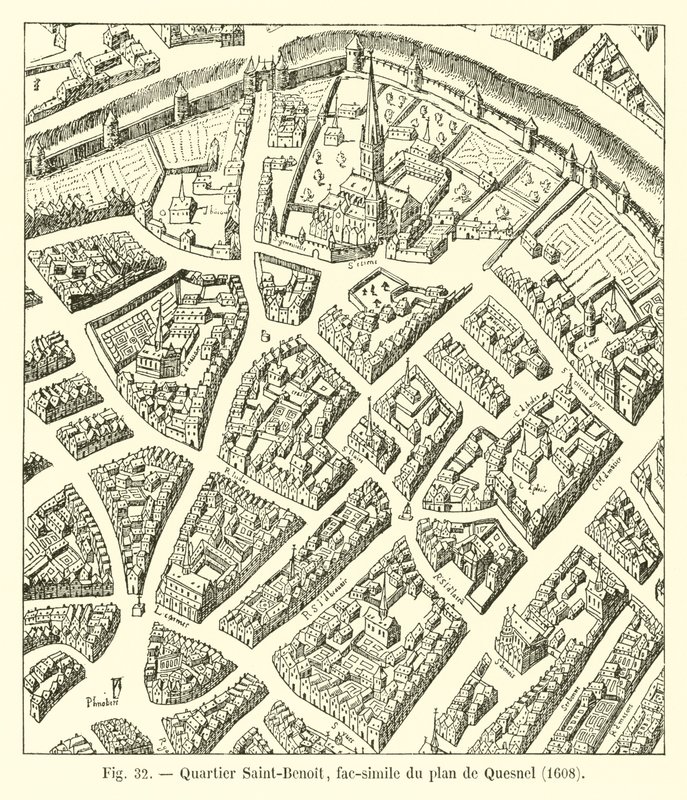 Saint-Benoit-distriktet, faksimile av kartet over Quesnel, 1608 av French School