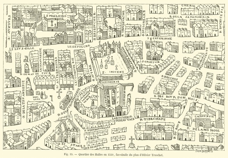 Les Halles-distriktet i 1550, faksimile av Olivier Truschets plan av French School