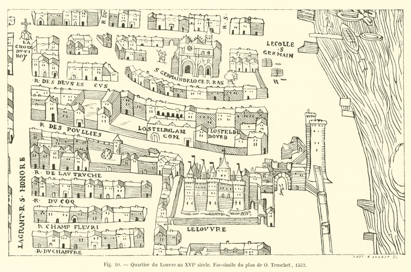 Louvre-distriktet på 1500-tallet, faksimile av planen av O Truschet, 1552 av French School